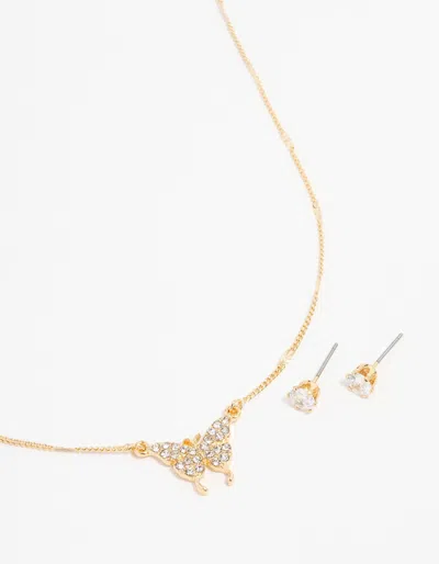 Lovisa Gold Plated Diamante Butterfly Necklace & Stud Earrings Set