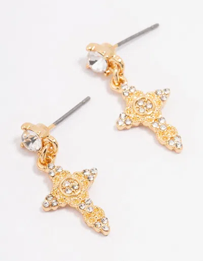 Lovisa Gold Plated Diamante Cross Drop Earrings In Transparent