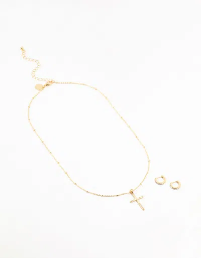 Lovisa Gold Plated Diamante Edge Cross Necklace & Huggie Earrings Set