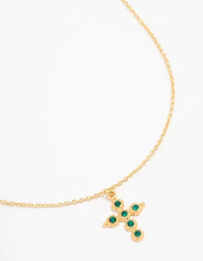 Lovisa Gold Plated Diamante Round Cross Necklace In Green