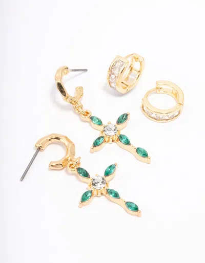 Lovisa Gold Plated Emerald Diamante Cross Earring Pack In Transparent