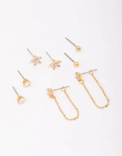 Lovisa Gold Plated Heart & Flower Chain Earring 4-pack Premium Gold Plated On Brass Hypoallergenic Elegant In Multi