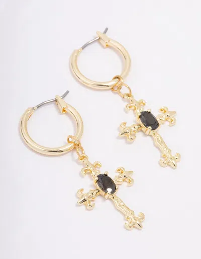 Lovisa Gold Plated Ornate Cross Drop Earrings In Black