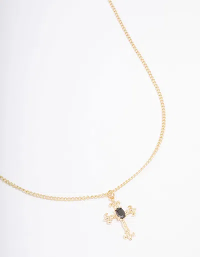 Lovisa Gold Plated Ornate Cross Pendant Necklace In Black