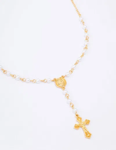 Lovisa Gold Plated Pearl Cross Y-shaped Pendant Necklace