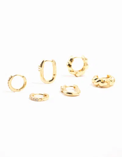 Lovisa Gold Plated Rope & Pave Cubic Zirconia Hoop Earrings 3-pack Premium Gold Plated On Brass Hypoallerge In Multi