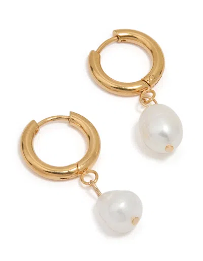 Lovisa Gold Plated Stainless Steel Freshwater Pearl Drop Huggie Earrings In White