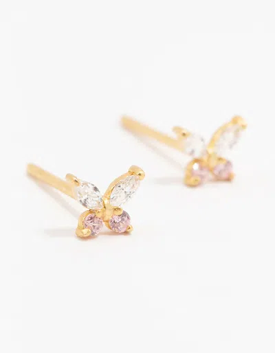 Lovisa Gold Plated Sterling Silver Cubic Zirconia Butterfly Stud Earrings In Pink