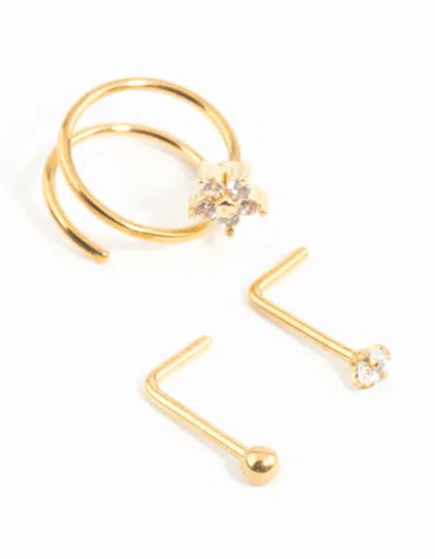 Lovisa Gold Plated Surgical Steel Mini Cubic Zirconia Flower Nose Stud & Ring 3-pack