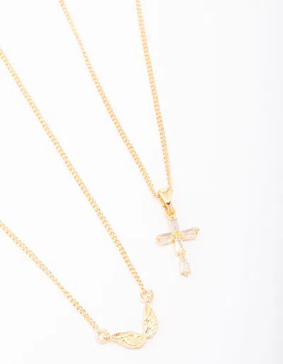 Lovisa Gold Plated Wings & Diamante Cross Necklace 2-pack