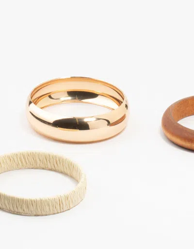 Lovisa Gold Raffia & Wood Bangles 3-pack In Multi