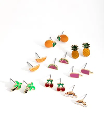 Lovisa Gold Summer Fruit Enamel 8-pack Earring In Multi