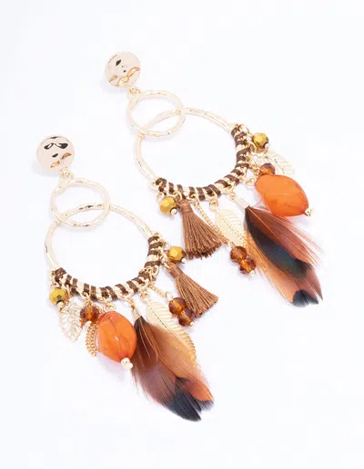 Lovisa Gold Thread Beaded Feather Drop Earrings In Brown