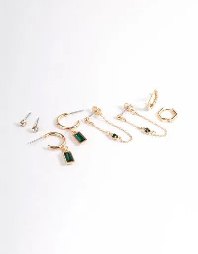 Lovisa Gold Tone Green Diamante Baguette Earrings 4-pack