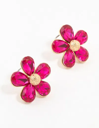 Lovisa Hot Pink Gold Stapled Diamante Flower Stud Earrings