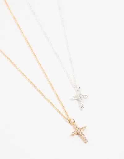Lovisa Mixed Metals Cross Cubic Zirconia Pendant Necklace 2-pack In Metallic