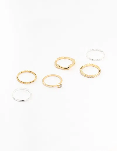 Lovisa Mixed Metals Molten & Diamante Rings 6-pack In Multi