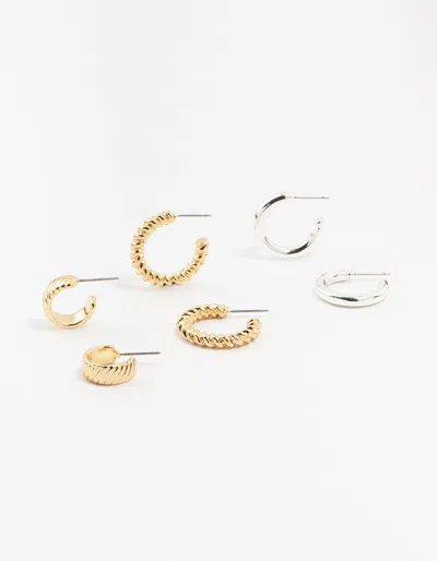 Lovisa Mixed Metals Twisted & Plain Hoop Earrings 3-pack In Metallic