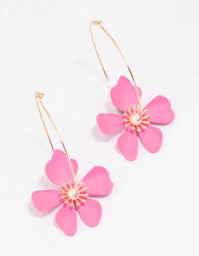 Lovisa Pink Wire Flower Hoop Earrings In Gold