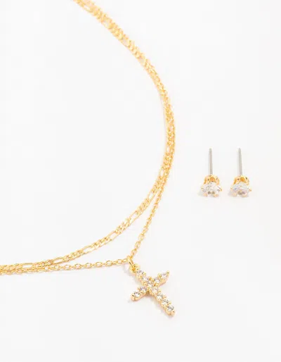 Lovisa Premium Gold Plated Crystal Stud & Cross Necklace Set, 13.5 Inches In Multi