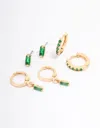 Lovisa Premium Gold Plated Emerald Baguette Earring 3-pack Hypoallergenic Timeless, Elegant, Sophisticated In Green