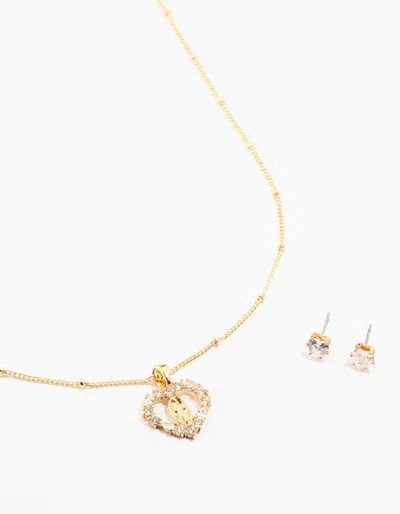 Lovisa Premium Gold Plated Heart Mary Necklace & Stud Earrings Set, 18 Inch In Multi
