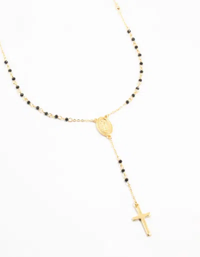 Lovisa Premium Gold Plated Mary Cross Black Beaded Necklace, 24 Inch