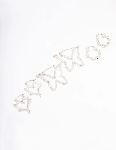 Lovisa Rhodium Butterfly Twisted Hoop Earring 3-pack In Silver