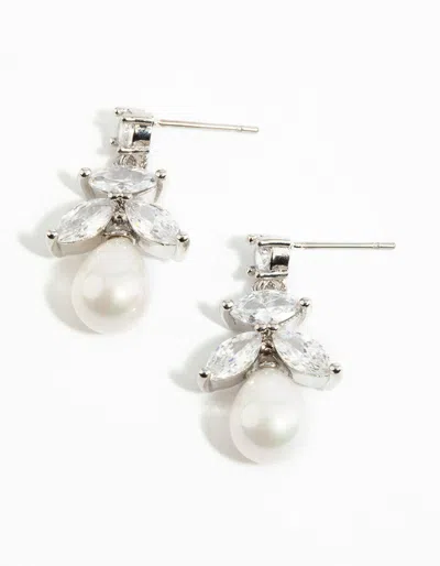 Lovisa Rhodium Cubic Zirconia Leaf & Pearl Drop Earrings In Silver