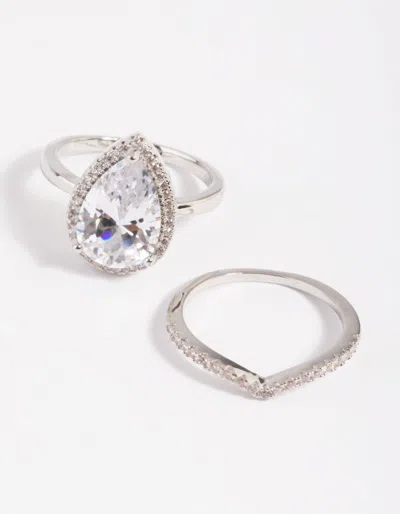 Lovisa Rhodium Cubic Zirconia Pear Halo Ring Stack Pack In Silver