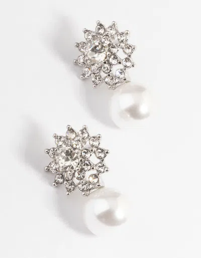 Lovisa Rhodium Diamante Swirl Pearl Stud Earrings In Silver
