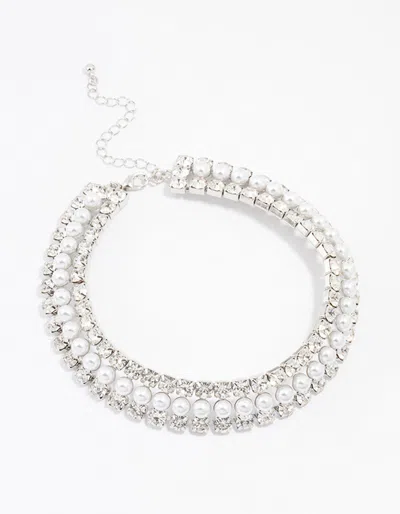 Lovisa Rhodium Diamond & Pearl Necklace In Silver