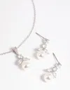 Lovisa Rhodium Diamond Simulant Flower Pearl Necklace And Earrings Set In Multi