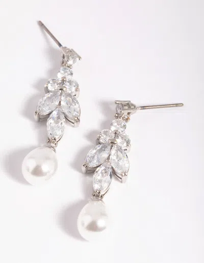 Lovisa Rhodium Diamond Simulant Marquise Pearl Drop Earrings In Silver