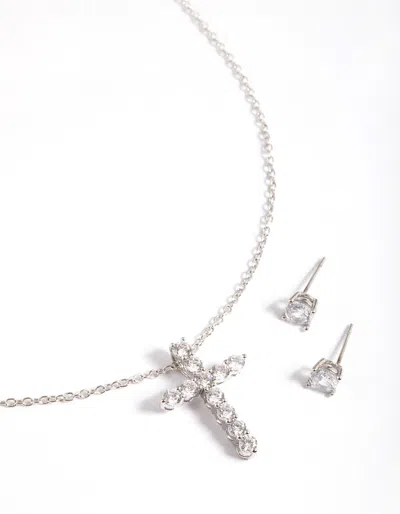 Lovisa Rhodium Diamond Simulant Stud And Cross Necklace Set In Multi