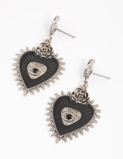 Lovisa Rhodium Enamel Heart Rose Drop Earrings In Silver