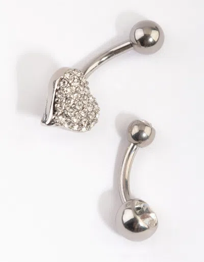 Lovisa Rhodium Heart And Diamante Belly Ring Set In Multi
