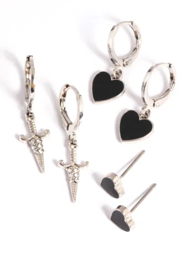 Lovisa Rhodium Heart Flame Earring Stack Pack In Black