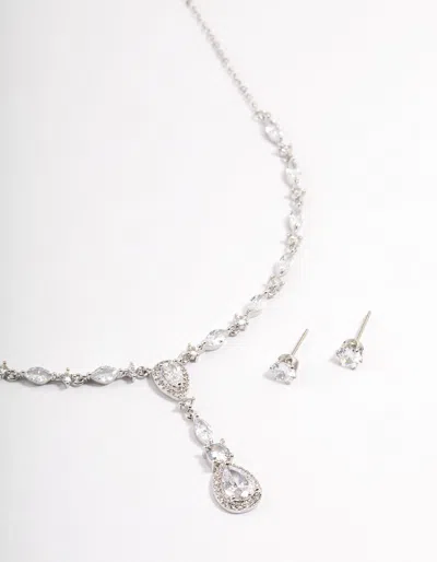 Lovisa Rhodium Oval Pear Pendant Necklace And Stud Set In Silver