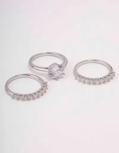 Lovisa Rhodium Pave Solitaire Ring 3-pack In Silver