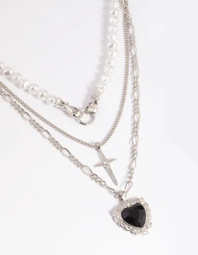 Lovisa Rhodium Pearl Heart Star Layered Necklace In Silver