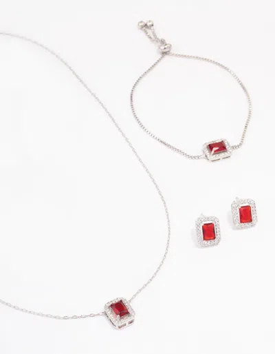 Lovisa Rhodium Ruby Diamond Simulant Halo Jewellery Set In Red