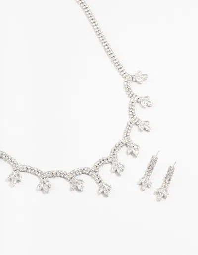 Lovisa Rhodium Scallop Cubic Zirconia Flower Necklace & Earrings Set In Silver