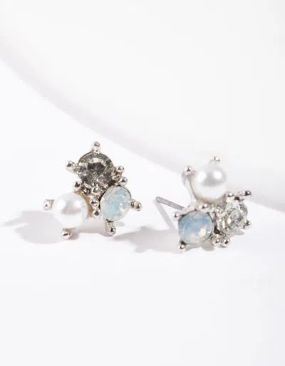 Lovisa Rhodium Stone & Pearl Cluster Earrings In Neutral