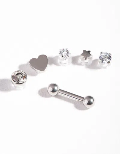 Lovisa Rhodium Surgical Steel Cubic Zirconia Heart Barbell Pack In Silver