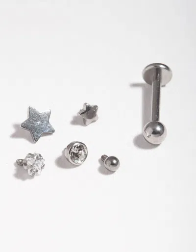 Lovisa Rhodium Surgical Steel Diamante Star 6-pack Flat Backs In Multi