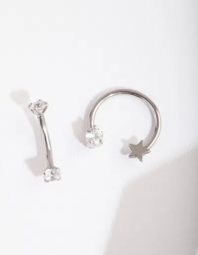 Lovisa Rhodium Surgical Steel Diamante Star Barbell 2 Pack In Silver
