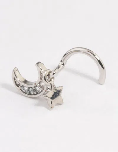 Lovisa Rhodium Surgical Steel Moon Charm Nose Stud In Silver