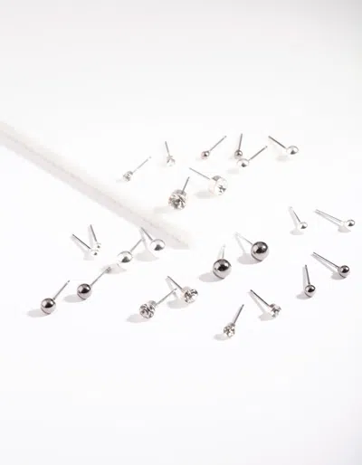 Lovisa Rhodium Tiny Graduated Black Earring 12-pack In Metallic