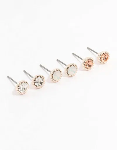 Lovisa Rose Gold Encased Diamante Stud Earrings 3-pack In Multi